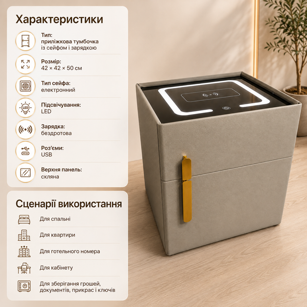 Прикроватная тумбочка с сейфом Мебельная тумба с беспроводной зарядкой Ночной столик с LED-подсветкой Стеклянная консоль USB для спальни - изображение 4