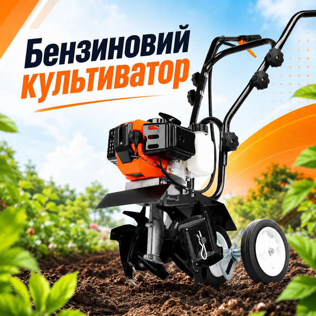Бензиновий культиватор 52 см³ для розпушування ґрунту з робочою шириною 30 см, глибиною обробки 13 см, швидкістю 6500 об/хв, 16 ножами та захисною кришкою - зображення 2