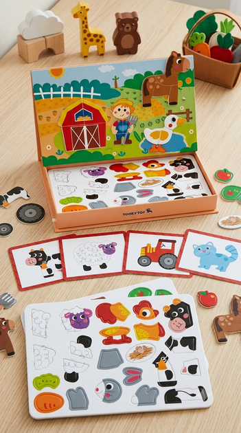 Магнитная игра пазл Tooky Toy Ферма в коробке книжке с магнитной доской карточками и фигурками - Фото 4 Магнитная игра пазл Tooky Toy Ферма в коробке книжке с магнитной доской карточками и фигурками - изображение 4