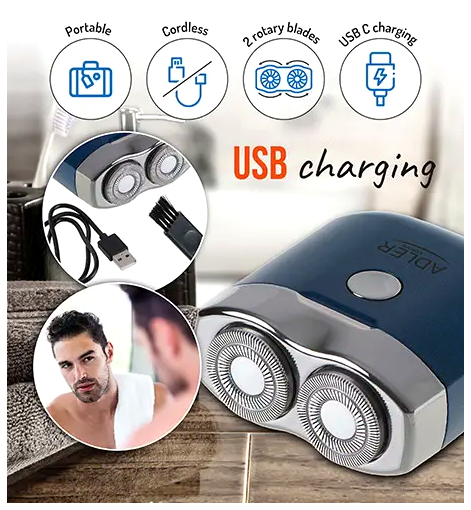 Бритва портативная беспроводная с двумя головками для бритья USB-C зарядка 250 мАч Adler MC-1809 - изображение 8