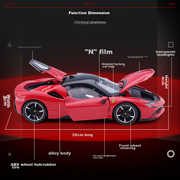 Bimeigao 1:24 Ferrari Модель SF90 сплаву іграшковий автомобіль гоночна симуляційна модель подарунок для хлопчика - зображення 7