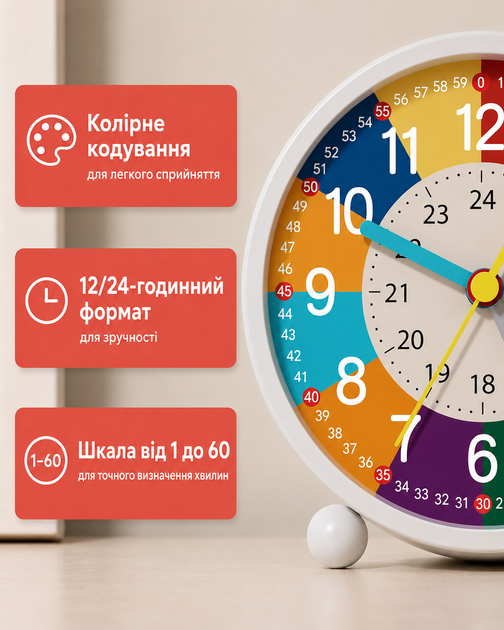 Навчальний годинник для дітей з зарядкою USB та нічна підсвітка із будильником настільний з 12/24 форматом і секундами безшумний різнокольоровий годинник-будильник для вивчення часу та розвитку навичок 12х12см - Фото 5 Навчальний годинник для дітей з зарядкою USB та нічна підсвітка із будильником настільний з 12/24 форматом і секундами безшумний різнокольоровий годинник-будильник для вивчення часу та розвитку навичок 12х12см - зображення 5