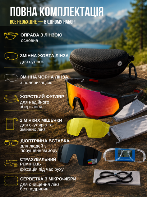 Спортивные очки велоочки для велосипеда фотохромные UV400 панорамные антибликовые с 2 сменными линзами желтой затемненной для спорта бега велоспорта туризма защита от солнца ветра пыли легкие поликарбонатные с ремешком жестким кейсом черные - изображение 3