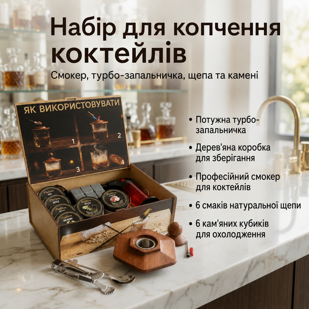 Набор для копчения коктейлей Bartending, шестиугольный коптильник из тёмного дерева с полным набором барных аксессуаров - изображение 3