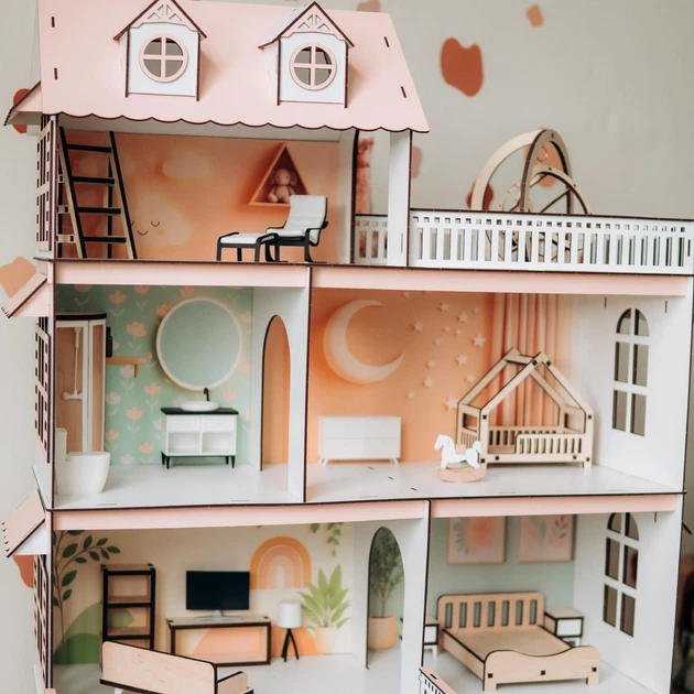 Кукольный дом Sunny Cottage деревянный с мебелью Детский домик для кукол барби девочек lol КОМФОРТ - Фото 3 Кукольный дом Sunny Cottage деревянный с мебелью Детский домик для кукол барби девочек lol КОМФОРТ - изображение 3