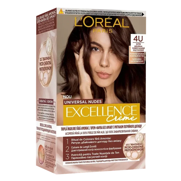 Краска для волос L'Oreal Paris Excellence Universal Nudes № 4U "Универсальный каштановый" - Фото 1 Краска для волос L'Oreal Paris Excellence Universal Nudes № 4U "Универсальный каштановый" - изображение 1