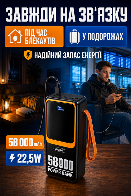 Повербанк умб 58000 mah 22.5w з швидкою зарядкою pd і вбудованими кабелями type c lightning Andowl power bank Q-TD88 павербанк для телефону планшета айпада пристроїв powerbank зовнішній портативний акумулятор повербанки великої ємності чорний - зображення 7