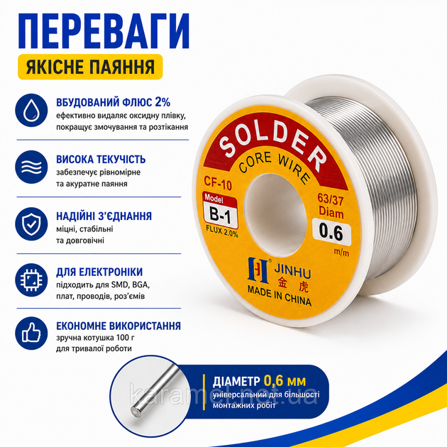 Припій для пайки ПОС 63, 0.6мм з флюсом, котушка 100г JINHU 670093 - зображення 5