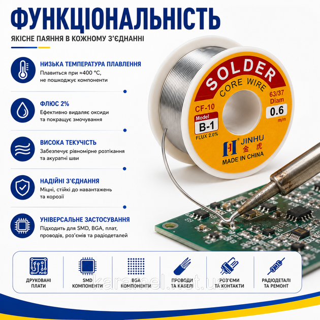 Припій для пайки ПОС 63, 0.6мм з флюсом, котушка 100г JINHU 670093 - зображення 6