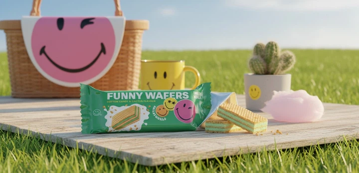 Вафлі з начинкою SmileyWorld FUNNY WAFERS з ароматом солодкої вати та кактусу 400г (214523) - Фото 1 Вафлі з начинкою SmileyWorld FUNNY WAFERS з ароматом солодкої вати та кактусу 400г (214523) - изображение 1