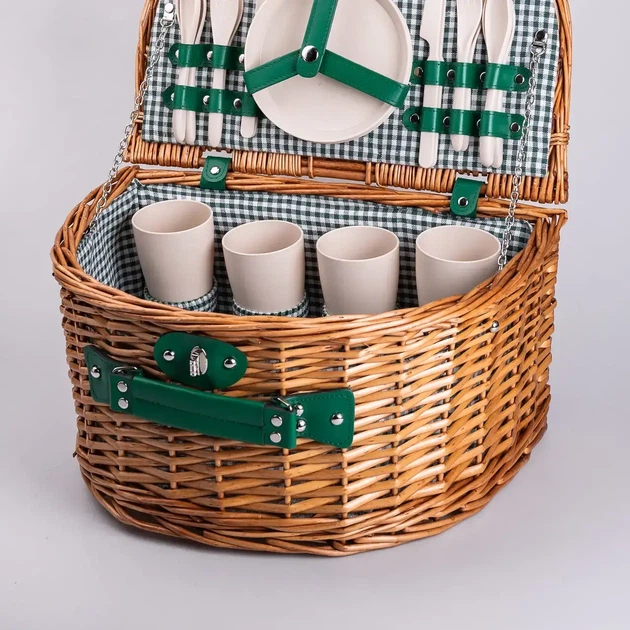 Кошик плетений для пікніка з посудом на 4 особи 41х31х22 см набір похідного посуду туристичний посуд - зображення 7
