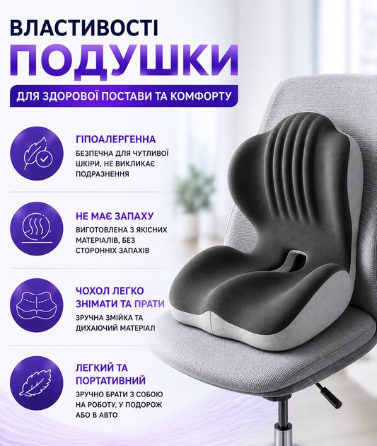 Ортопедична подушка для сидіння спини та попереку PILLOW-09 анатомічна подушка на стілець L-подібна з підтримкою спинки ергономічна сидушка з ефектом пам’яті для офісу дому - зображення 4