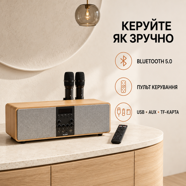 Акустична система QinetiQ MUZE M10 караоке колонка 80 Вт RMS 160 Вт Android 14 Smart TV Bluetooth 5 0 WiFi з 2 бездротовими мікрофонами HDMI ARC Optical Coaxial AUX USB для електрогітари - зображення 9