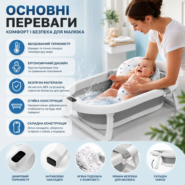 Детская складная ванночка Hanert Kinderbad Grey с термометром и подушкой, анатомическая ванна для купания малышей - изображение 2