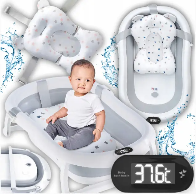 Детская складная ванночка Hanert Kinderbad Grey с термометром и подушкой, анатомическая ванна для купания малышей - изображение 6