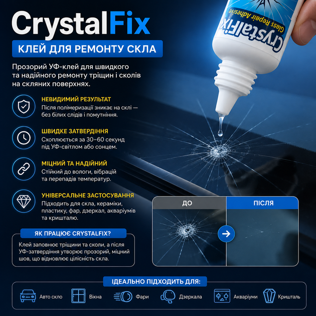Прозорий УФ-клей для ремонту скла CrystalFix Glass Repair Adhesive Клей з високою адгезією для скла 30 мл Полімер - зображення 4