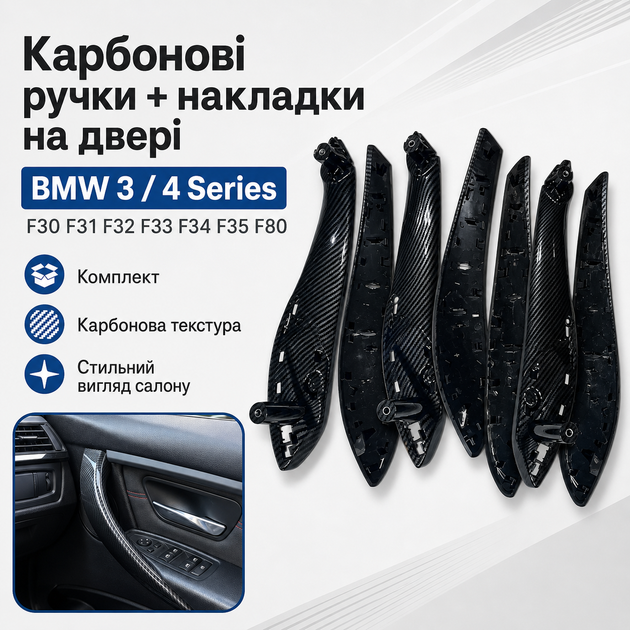 Комплект карбоновых ручек дверей и наружных накладок BMW F30 F31 F32 F33 F35 F80 F82 F83, 8 элементов - Фото 1 Комплект карбоновых ручек дверей и наружных накладок BMW F30 F31 F32 F33 F35 F80 F82 F83, 8 элементов - зображення 1