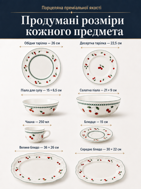Обеденный столовый сервиз из фарфора 33 предмета на 6 персон для сервировки белый с вишневым декором (37261980) - изображение 3