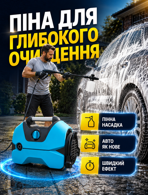 Портативная мини мойка высокого давления для мытья авто и дома с экономией воды до 70% двигатель 2200 Вт давление до 150 бар шланг 5 м - изображение 4