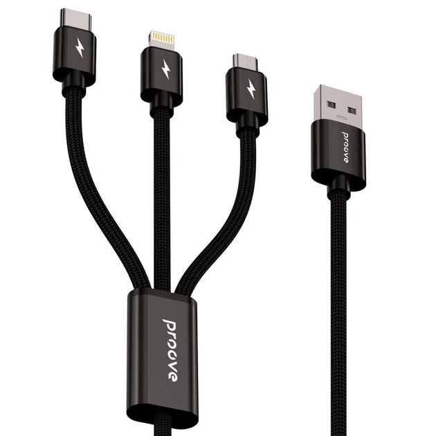 Кабель Proove Triple Connection 3 in 1 Type-C + Micro USB + Lightning (1.3m) Black (CCTC15001501) - Фото 1 Кабель Proove Triple Connection 3 in 1 Type-C + Micro USB + Lightning (1.3m) Black (CCTC15001501) - изображение 1