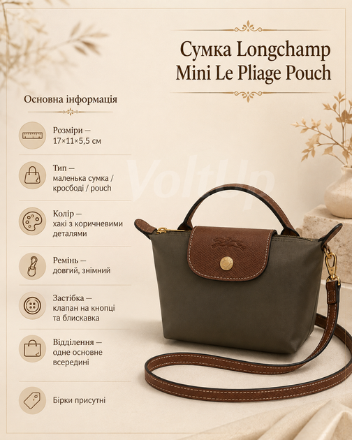 Сумка Longchamp Mini Le Pliage Pouch хаки - маленькая женская кроссбоди с коричневым клапаном и длинным ремнем - изображение 4