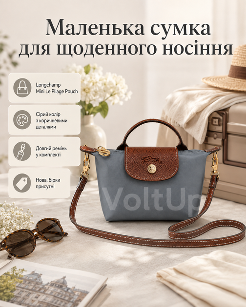Сумка Longchamp Mini Le Pliage Pouch сіра — маленька літня кросбоді з довгим ременем для телефону та дрібних речей - зображення 4