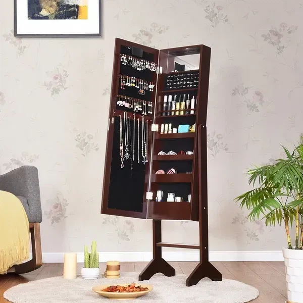 Шкаф для украшений с полками с зеркалом 35×31,5 см коричневый для хранения - изображение 4