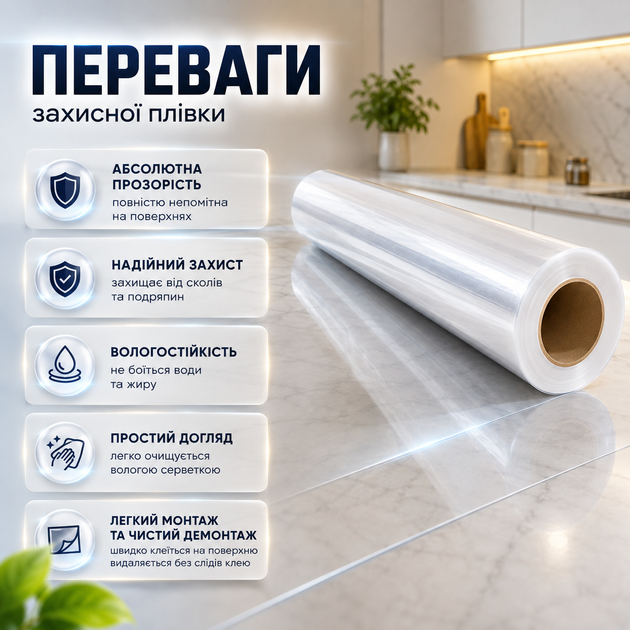 Прозрачная универсальная защитная пленка 60 см × 5 м для мебели, стен и бытовой техники, электростатическая, влагостойкая от жира, брызг и загрязнений в рулоне - изображение 4