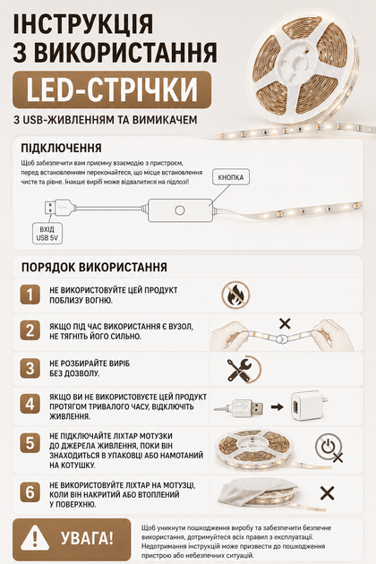 Світлодіодна 10м LED стрічка із кнопкою, USB 5V, стрічка для підсвічування кімнат, поверхонь. - зображення 6