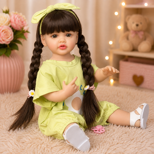 Реалістична лялька реборн Reborn Baby Doll Melani 55 см – дівчинка з довгим темним волоссям та аксесуарами, можна купати (RB100) - изображение 3