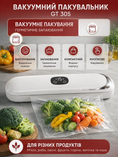 Вакуумний пакувальник для продуктів вакууматор кухонний автоматичний герметизатор пакетів запаювач харчовий апарат для вакуумного пакування м'яса риби овочів фруктів горіхів випічки зберігання свіжості - изображение 2