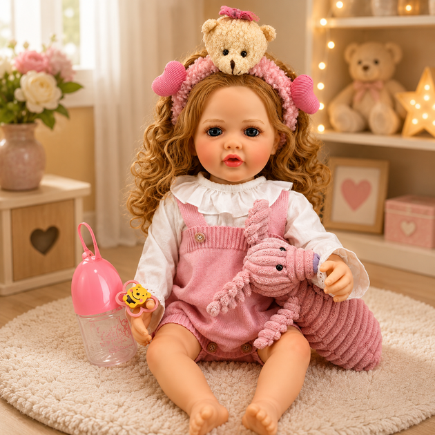 Реалістична лялька реборн Reborn Baby Doll Liana 55 см – дівчинка з кучерявим світлим волоссям та аксесуарами, можна купати (RB099) - зображення 4