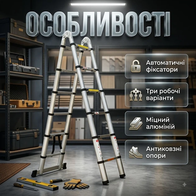 Лестница телескопическая трансформер 5.8 м (2.9 + 2.9 м) 2 секции, нагрузка до 150 кг - изображение 6