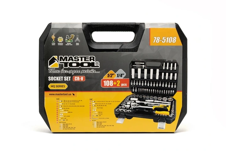 Набір інструментів MASTERTOOL ¼"&½" 108 шт 4-14 мм 10-32 мм CrV кейс з металевими замками 78-5108 - изображение 6