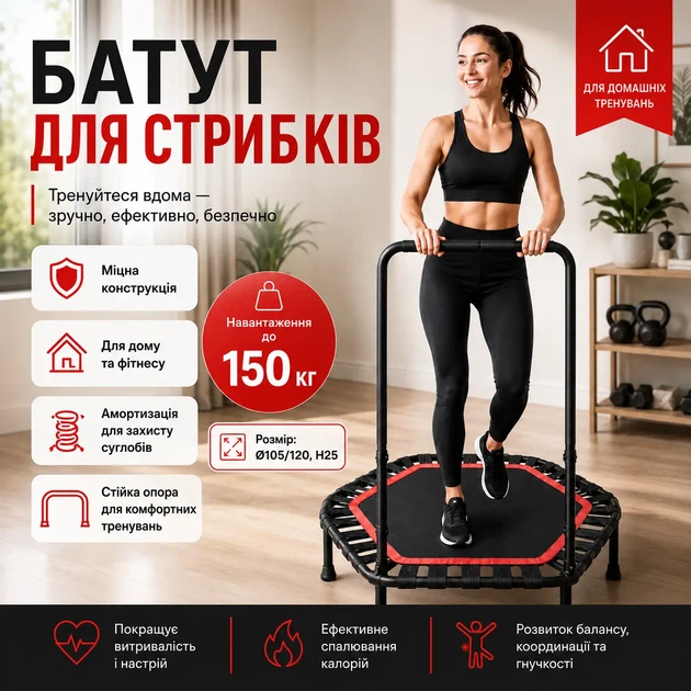 Фитнес батут с ручкой для тренировок дома и зала круглый Ø105/120 BT-1707 для джампинга кардио и сжигания калорий - Фото 1 Фитнес батут с ручкой для тренировок дома и зала круглый Ø105/120 BT-1707 для джампинга кардио и сжигания калорий - изображение 1