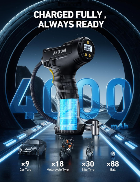 Беспроводной компрессор AstroAI C4 150 PSI, автостоп, цифровой манометр, LED, 4 адаптера, 450 г, для авто/мото/вело - изображение 5