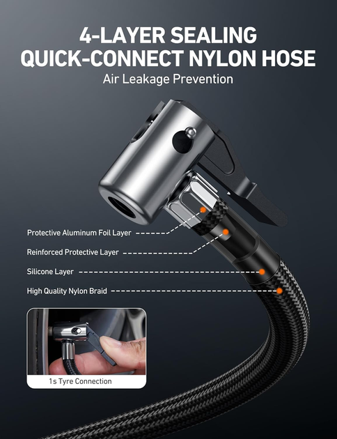 Беспроводной компрессор AstroAI C4 150 PSI, автостоп, цифровой манометр, LED, 4 адаптера, 450 г, для авто/мото/вело - изображение 8