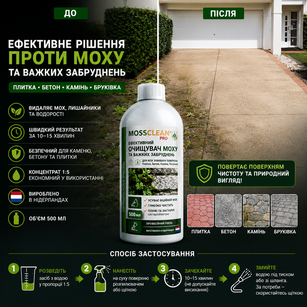 Средство для удаления мха из камня MOSSCLEAN+ PRO Очиститель мха с плитки/бетона/камья 500мл Средство для очистки от бетона - изображение 3