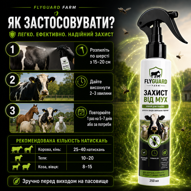 Препарат для защиты животных от мух FLYGUARD FARM Антипаразитарные средства для животных 250мл Средства от насекомых для лошадей - Фото 5 Препарат для защиты животных от мух FLYGUARD FARM Антипаразитарные средства для животных 250мл Средства от насекомых для лошадей - изображение 5