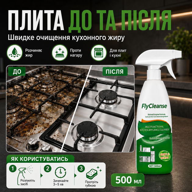 Спрей для удаления жира с плитки FlyCleanse - лучшее средство для удаления жира 500 мл Спрей для кухни - изображение 5