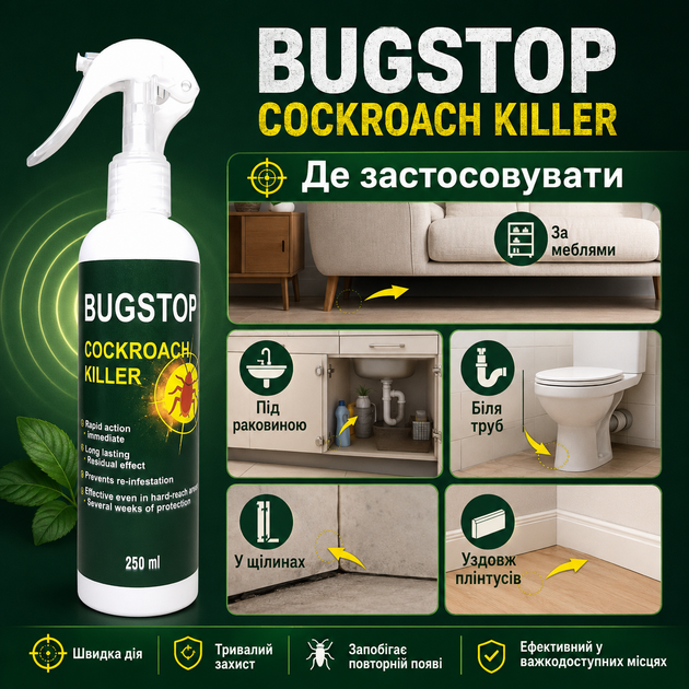 Средство от тараканов Bugstop Cockroach Killer, средство от тараканов для жилых помещений, 250 мл, спрей для защиты от тараканов - изображение 9