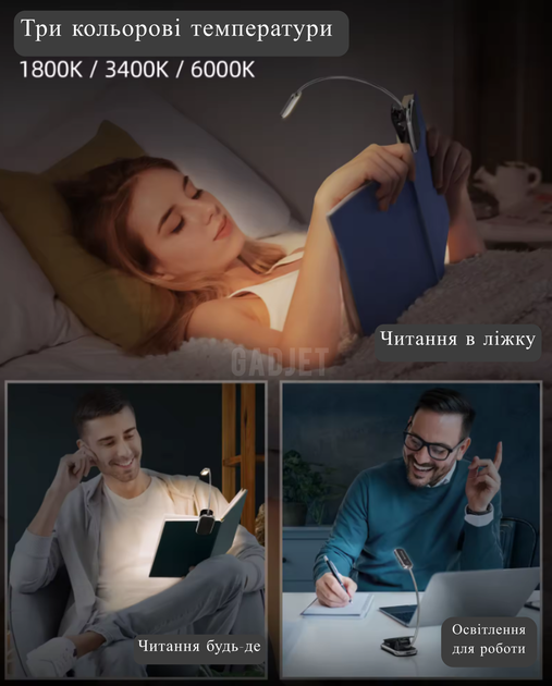 Лампа акумуляторна Glocusent A20 16 LED Гнучка металева Clip ніжка з прищіпкою для читання книг з таймером Чорний (2120632) - зображення 7