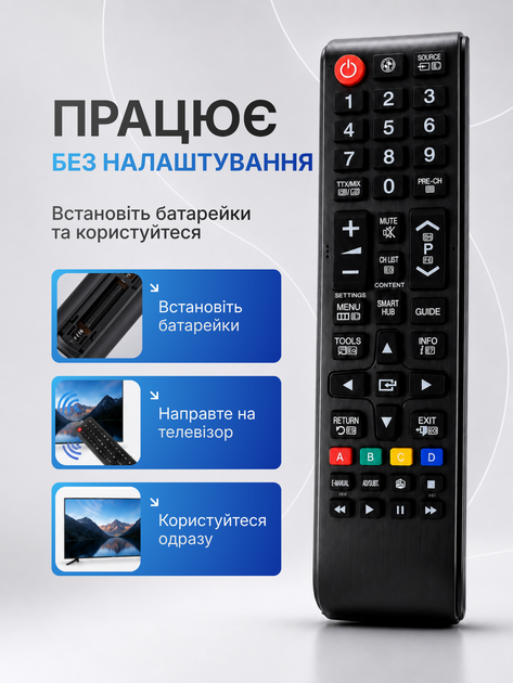 Пульт до телевізора самсунг samsung універсальний дистанційного управління для ТВ на заміну інфрачервоний пристрій для керування SMART TV сумісний з LED LCD змінний компактний якісний ДК без налаштування RM-L1088+ HechPro ТБ3381 + батарейки ААА - зображення 2