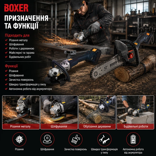 Аккумуляторная болгарка BOXER 2в1 угловая шлифмашина цепная пила бесщеточная УШМ для резки металла шлифования зачистки поверхностей распиливания древесины 24 В 2000 Вт 3 скорости 2 батареи адаптер шина 400 мм кейс - Фото 4 Аккумуляторная болгарка BOXER 2в1 угловая шлифмашина цепная пила бесщеточная УШМ для резки металла шлифования зачистки поверхностей распиливания древесины 24 В 2000 Вт 3 скорости 2 батареи адаптер шина 400 мм кейс - изображение 4