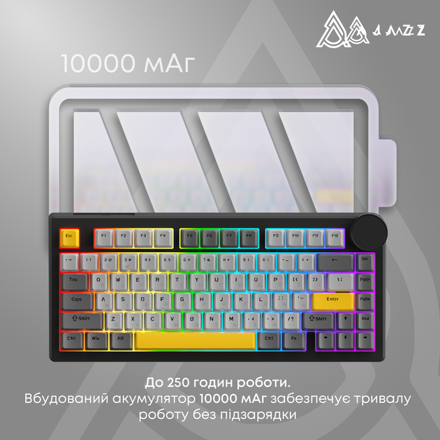 Клавиатура беспроводная Ajazz AK820 V2 Coconut Flake Switch Wireless/Bluetooth/USB Black/Gray/Yellow (AK820-V2-CF-BGY) - изображение 9