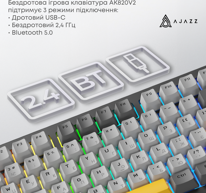 Клавиатура беспроводная Ajazz AK820 V2 Coconut Flake Switch Wireless/Bluetooth/USB Black/Gray/Yellow (AK820-V2-CF-BGY) - изображение 17