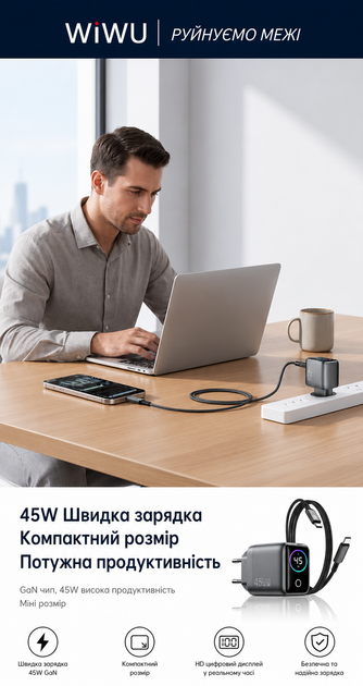 Сетевое зарядное устройство WiWU Voyager CHG500 GaN 45 Вт с TFT-дисплеем - изображение 6
