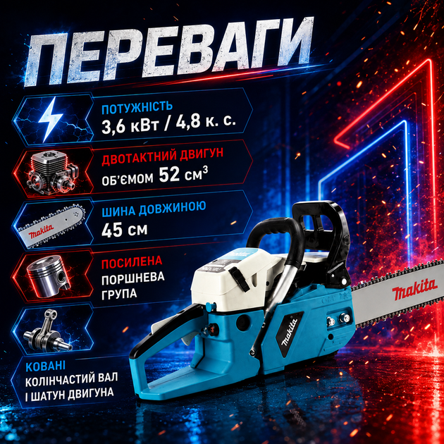 Бензопила Makita EA5200 P45S 3,6 кВт 52 см³ с шиной 45 см Полупрофессиональная цепная пила для древесины Бензиновый инструмент заготовки дров Моторная техника валки леса - изображение 2