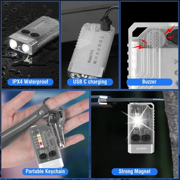 Ліхтар-брелок Boruit V10 EDC акумуляторний світлодіодний 1000 Lm, УФ-підсвітка, Type-C, IPX6, Прозорий (BORUIT-V10WHITE) - Фото 2 Ліхтар-брелок Boruit V10 EDC акумуляторний світлодіодний 1000 Lm, УФ-підсвітка, Type-C, IPX6, Прозорий (BORUIT-V10WHITE) - зображення 2