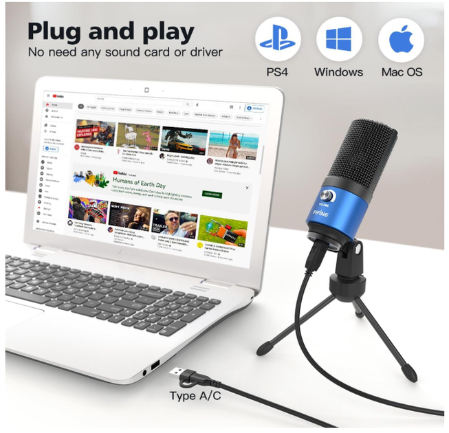 USB микрофон FIFINE K669 Blue для ПК, конденсаторный микрофон для записи вокала, стримов, подкастов и озвучки, синий - изображение 5